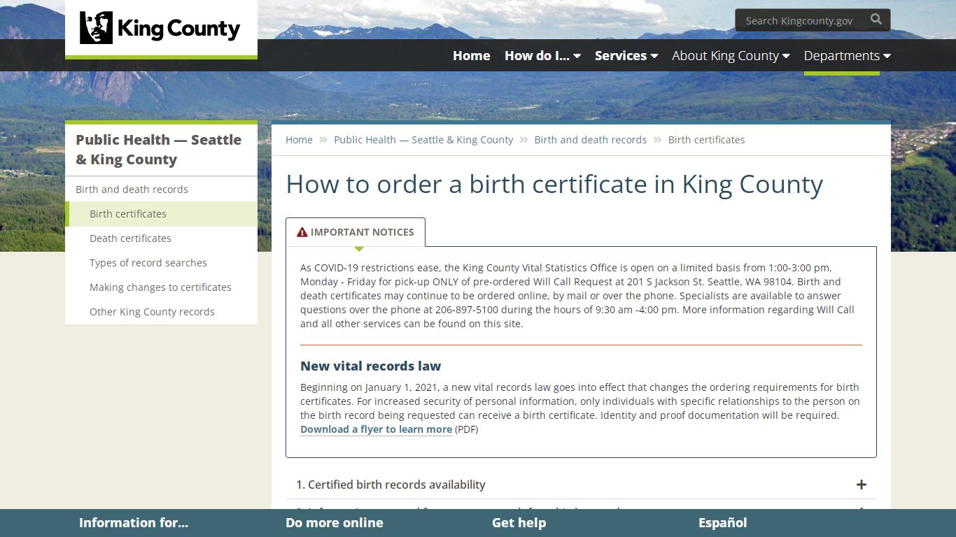 How to order a birth certificate in King County - King County, Washington